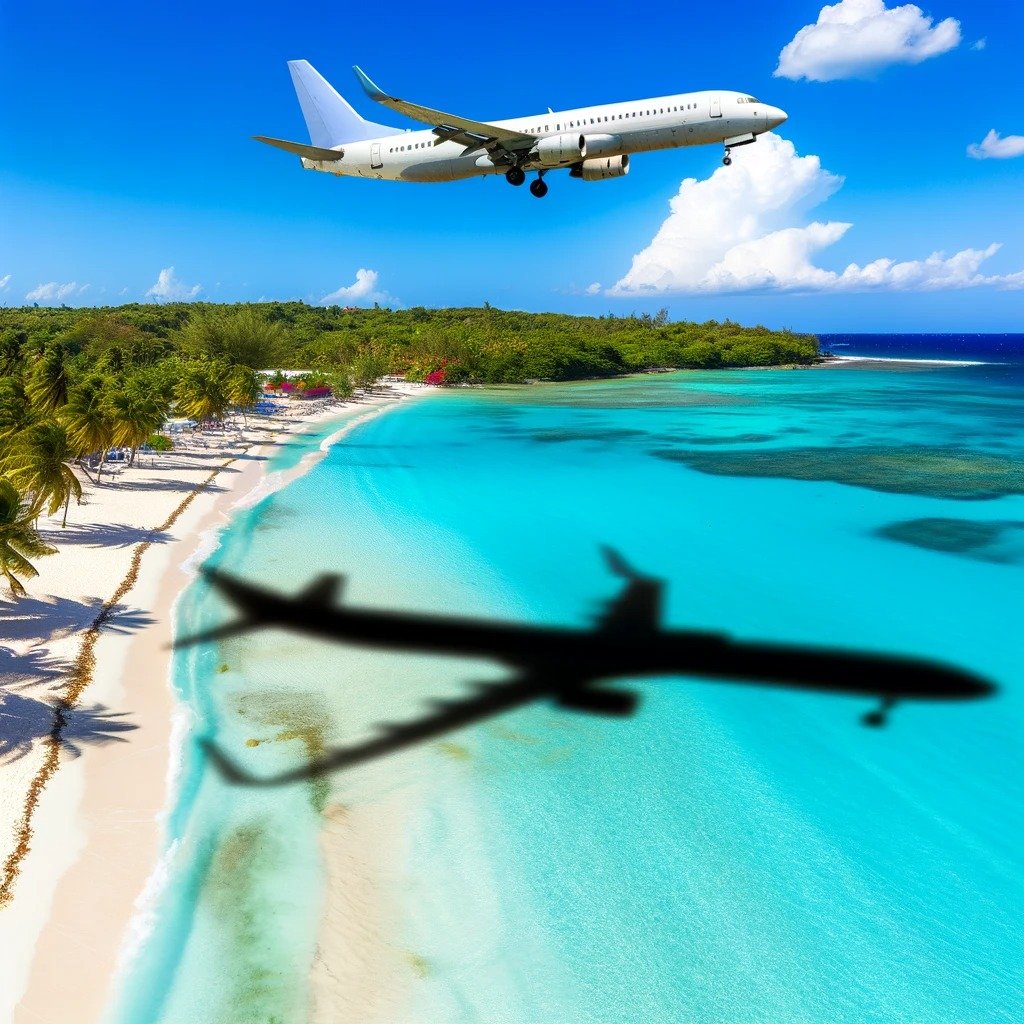 Plane flying over beach in Jamaica